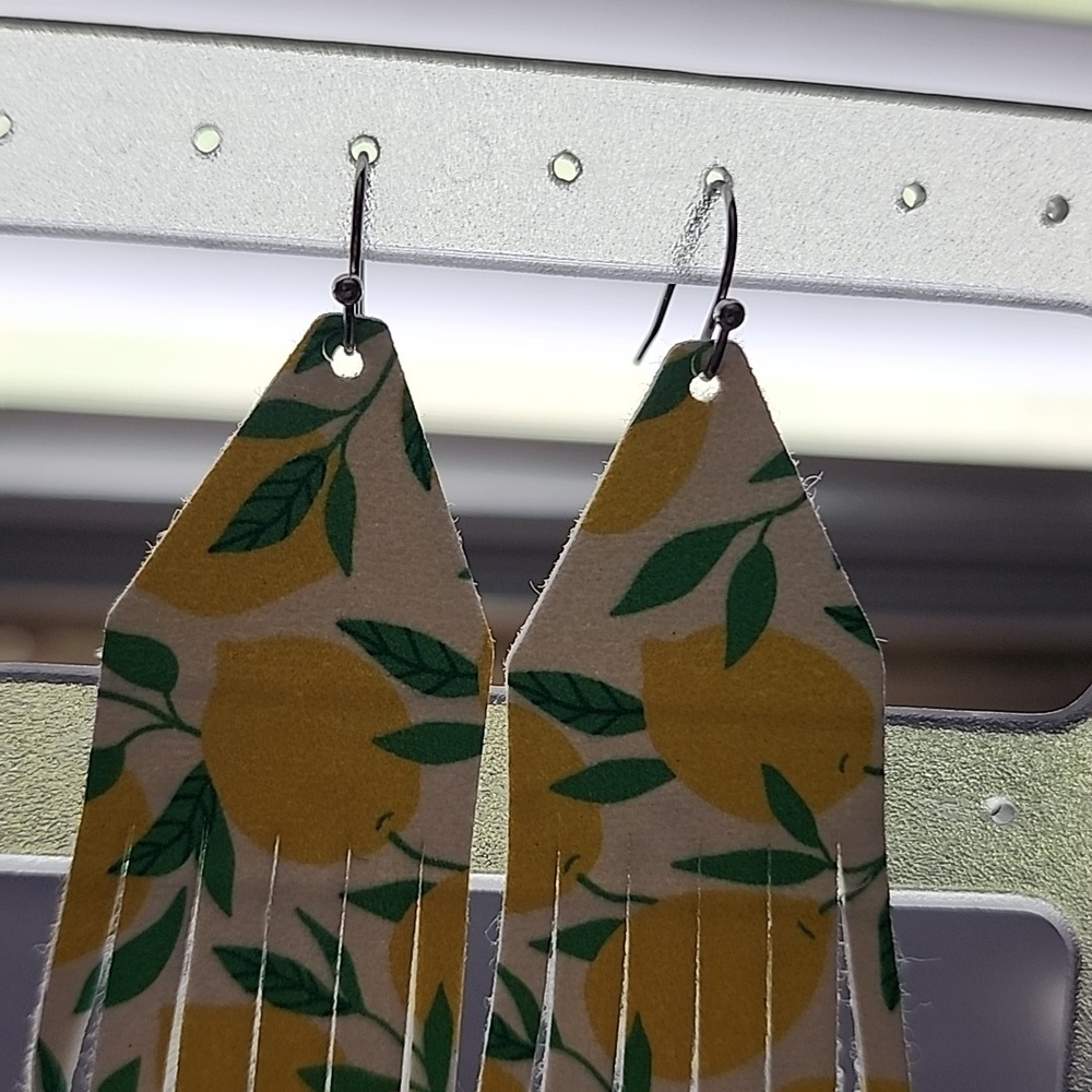 Handmade Lemon Print Fringe Earrings - Picture 3 of 5